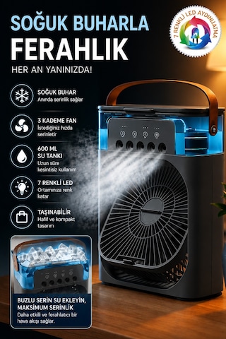 Exenar - Siyah - Buharlı Serinletici Masaüstü Mini Fan Nemlendirici Led Işıklı Hava Soğutucu Vantilatör 600ml 3kademe