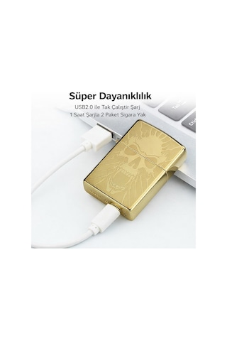 Valkyrie Gold Kuru Kafa Tasarım Usb Şarjlı Elektrikli Rüzgar Geçirmez Çift Arc Ateşleme Çakmak