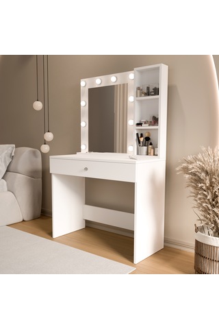 Robin Home Hollywood Makyaj Masası Çekmeceli Düzenleyici Hollywood Led Işıklı Raflı Beyaz