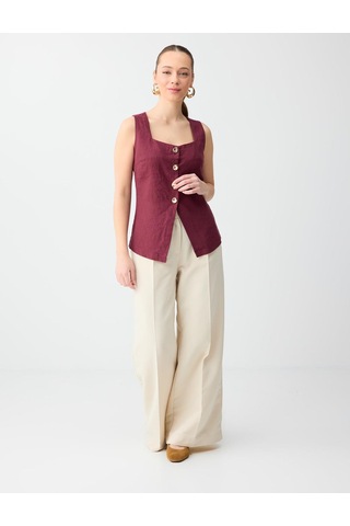 Jimmy Key Jimmy Key Bordo %100 Keten Parlak Düğme Detaylı Düz Kesim Yelek 6sw306649562