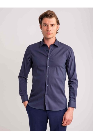 Dufy Lacivert Erkek Ekstra Slim Fit Düz Brent Yaka Uzun Kol Gömlek - 62471-lacivert Lacivert