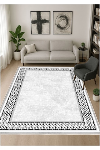Gri Dijital Baskı Salon Halısı Kaymaz Tabanlı Yıkanabilir Halı Yolluk 531 Gri