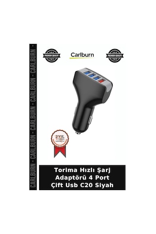 Premium Torima Hızlı Şarj Adaptörü 4 Port Çift Usb C20 Siyah Araç Gereci Telefon Şarjı