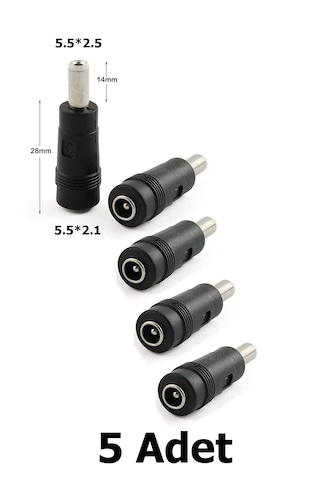 5 Adet Dc Power Jack Adaptör Çevirici 5.5x2.1 Mm Dişi - 5.5x2.5 Mm Erkek Dönüştürücü C Tipi