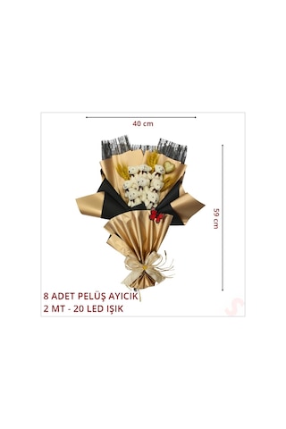 8 Pelüş Ayıcıklı, Kuru Çiçekli Ve Led Işıklı Buket, 59x40cm