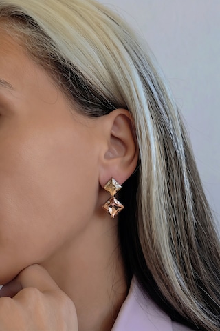 Dikey Kare Vintage Model Kristal Taşlı Karamel Renkli Küpe Sarı