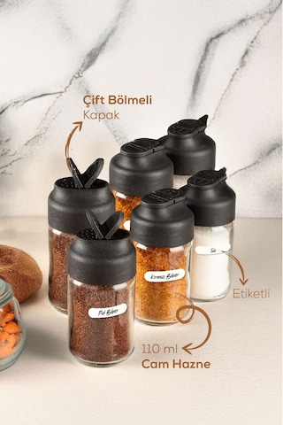 Vienev 6'lı Çift Kapaklı Cam Baharatlık Seti 110 Ml Siyah