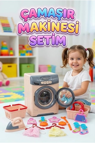 Işıklı Ve Sesli Çocuk Çamaşır Makinesi Minik Ev Hanımlarına Özel Eğitici Oyuncak Çamaşır Seti