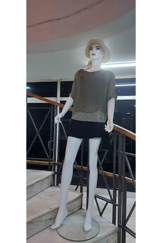 Bohem Stil İtalyan Yarasa Kollu Payetli İpek Bluz-9248 Haki