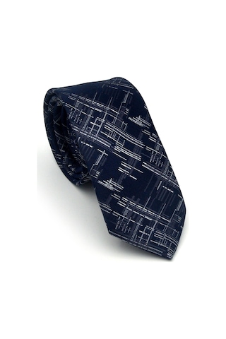 Gaffy Gri Kırcıl Desenli Lacivert Dokuma Kumaş Mendilli Slim Fit Kravat // Sdk-2611-2 Lacivert