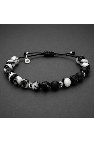 Safir Jewellery Siyah Beyaz Jasper Doğal Taşlı 8mm - 925 Ayar Gümüş Süslemeli Makrome Örgülü İpli Erkek Bileklik – Hediye Kutulu
