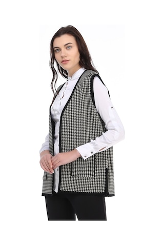 Uludağ Triko Kadın Kazayağı Desen Yelek / Siyah-Taş