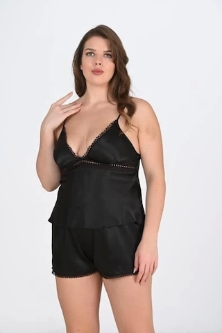 Primoda Siyah Büyük Beden Dantel Detaylı Şort Takımı Siyah