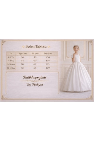 Butikhappykids Kız Çocuk Abiye Beyaz Prenses Abiye Elbise Kabarık Kasnaklı Taç Hediyeli 5-12 Yaş