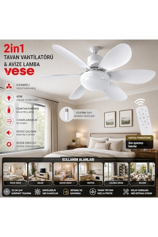 Kumandalı 2si1 Arada Tavan Vantilatör Avize 40w 6 Kanat