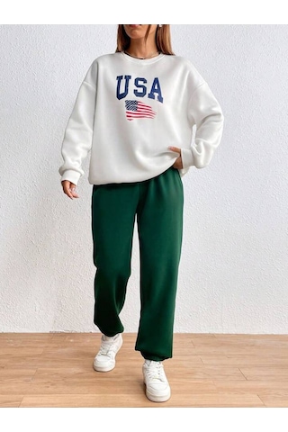 Usa Bayrak Eşofman Takımı Beyaz Sweatshirt Yeşiljogger - Baskılı Oversize Şardonlu Bisiklet Yaka Beyaz Yeşil