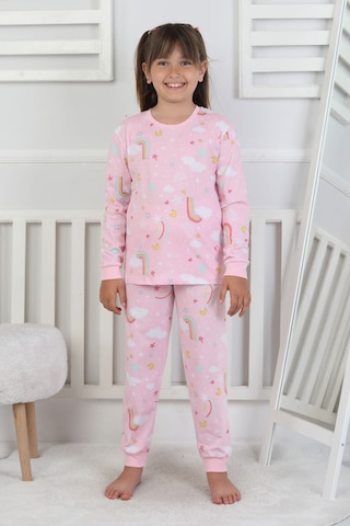 Cute Dreams Pattern Uzun Kollu Kız Çocuk Pijama Takımı Pembe