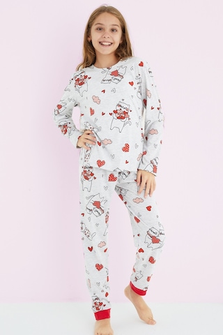Siyah İnci Kız Çocuk Renkli Desenli Pamuklu Pijama Takım 24225705 Gri