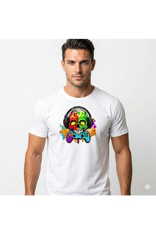 Erkek Kuru Kafa Oyun Konsolu Baskılı Pamuklu T-shirt Beyaz