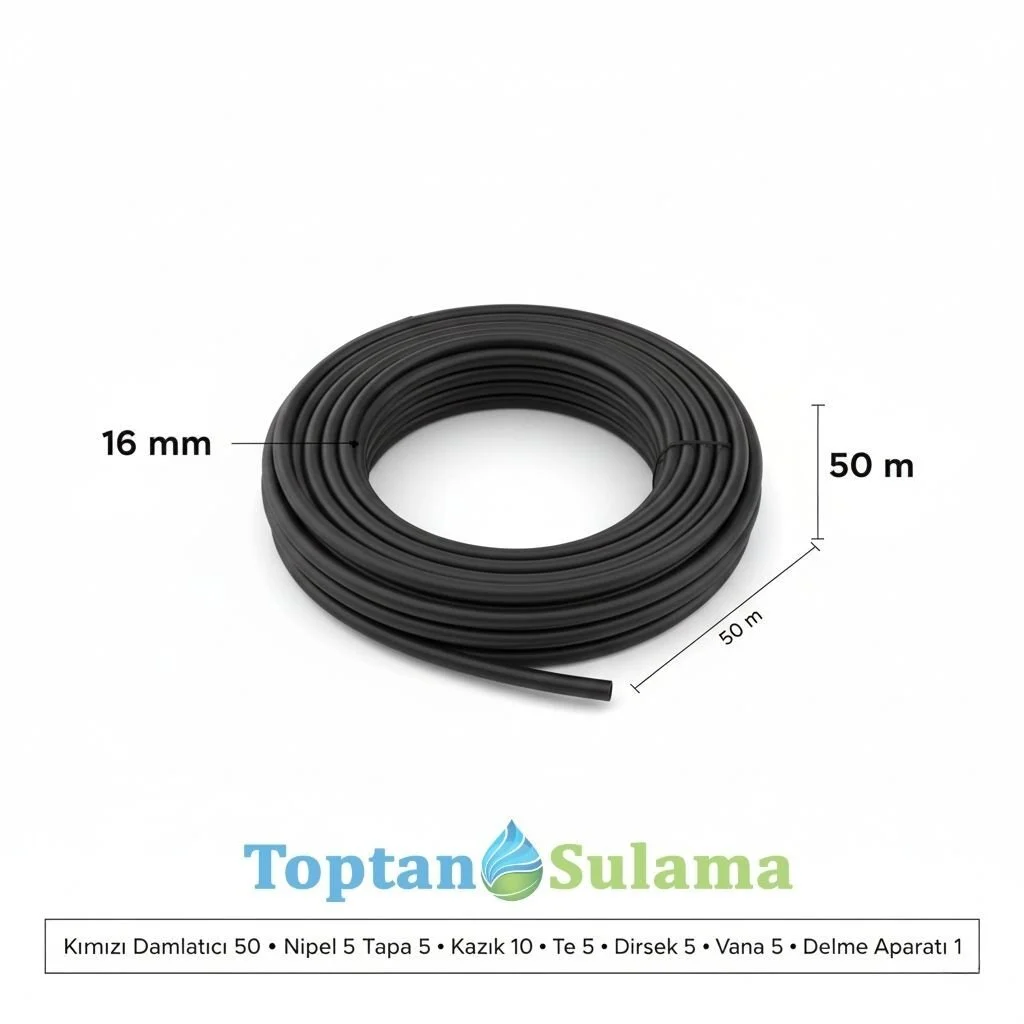 16 Mm Düz Damlama Seti 50 M 50 Adet Kırmızı Damlatıcılı, Delme Aparatlı Bahçe/sera