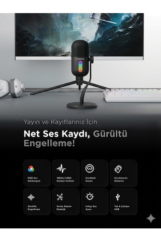 Arpej Rgb Masa Standlı Ses Göstergeli Dokunmatik Oyuncu Mikrofonu Yayıncı Mikrofonu Gaming Beyaz Siyah - ÜRün siyah