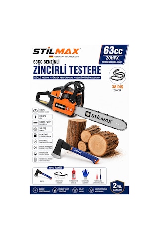 Stilmax STL5038D 63CC Benzinli Ağaç Kesme Motoru 50 CM Pala 38 Diş Zincirli Testere Seti + Balta