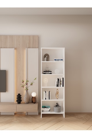 Ligno Mobilya Modern Açık Raf Salon Kitaplığı - 162 Cm Dekoratif Aksesuar Ve Kitap Düzenleyici, Robot Süpürge Uyumlu 5 Bölmeli Düzenleyici Beyaz