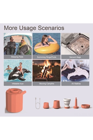 Ximistore9 Portatif Kablosuz Hava Pompa, 5 Uçlu, 200l/dak Akış, Led Işık Ve Sos Fonksiyonu, 1600mah Pil, Turuncu - Çadır, Yatak, Yüzme Halka İçin
