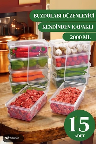 15 Adet 2 Lt. Kendinden Kapaklı Derin Dondurucuya Uygun Buzluk Saklama Kabı Düzenleyici 2000 M Şeffaf