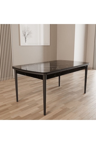 Merona Siyah Mermer 80x132 Sunta Ahşap Ayaklı Açılır Mutfak Masası, Yemek Masası, Salon Masası Siyah Mermer