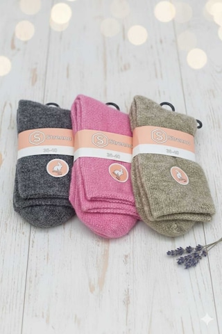 Angora Yün Çorap 3 Adet Kahverengi/sütlü Kahve/pembe