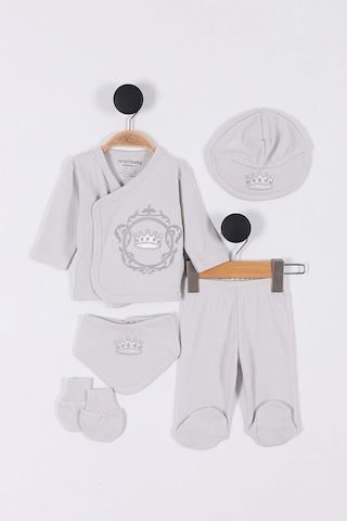 Nakış Desenli Müslin Erkek Bebek Hastane Çıkışı Bebek Kıyafetleri Yenidoğan Hastane Çıkış Seti 5 Li Gri