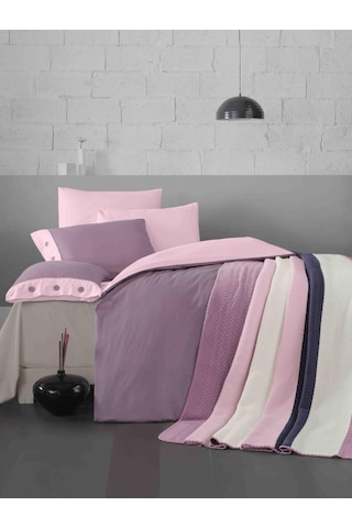 Akrilik Örgü Battaniye Seti Çift Kişilik Pudra Pembe Pudra