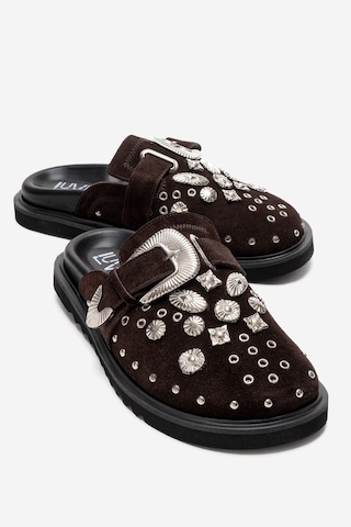 Luvishoes Maril Kahverengi Süet Hakiki Deri Kemerli Tokalı Burnu Kapalı Kadın Terlik Kahverengi