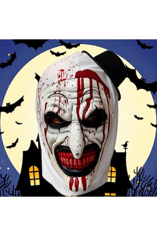Cadılar Bayramı Korkunç Palyaço Maskesi Kanlı Katil Palyaço Kostüm Maskesi, Siyah Şapkalı Halloween Parti Aksesuarı 18+