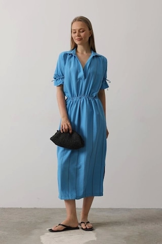 Defymoda Beli Lastikli Elbise - Mavi Mavi