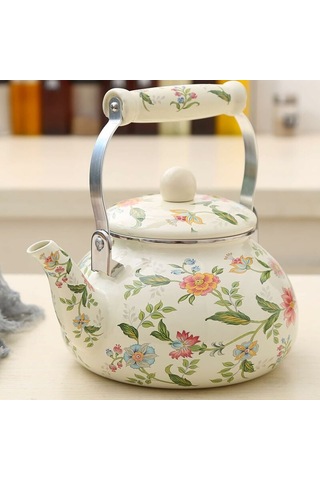 Emaye İndüksiyonlu Su Isıtıcısı 2,4 L Emaye Sürahi Vintage Çaydanlık, Seramik Sap, İndüksiyonlu Ocak, Gaz, Odun Sobası Diğer