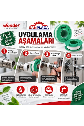 Sanplaza Wonder Teflon Bant 12 Mm X 10 Mt Ptfe Diş Sızdırmazlık Tesisat İzolasyon Bandı 10 Adet