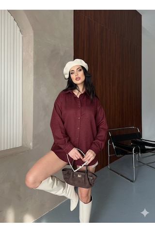 Ribana Classic Kadın Oversize Süet Büyük Beden Uzun Kollu Düğmeli Tek Cepli Gömlek 4962 Bordo