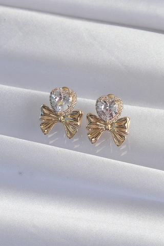 Pirinç Gold Renk Zirkon Taşlı Kalp Model Fiyonk Küpe 5886 Çok Renkli