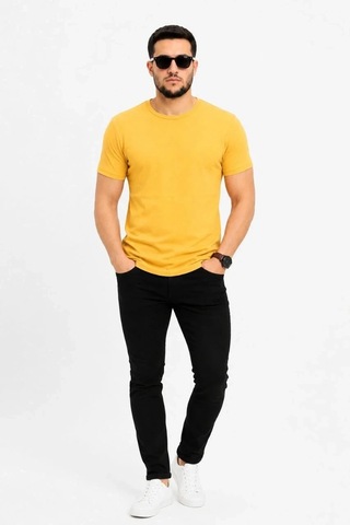 Tarz Yeri Erkek Basic Tişört Bisiklet Yaka Kısa Kol Günlük Yazlık Slim Fit T-shirt - Sarı