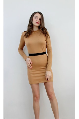 Mois Atelier Siyah Kuşaklı Bej Triko Mini Kadın Elbise Bej