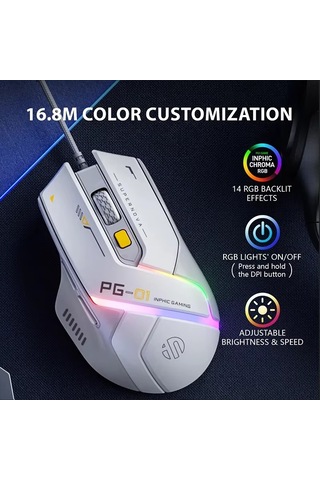 Inphic Pg1 Rgb Işık Yayan Bilgisayar Oyun Kablolu Faresi Beyaz Diğer