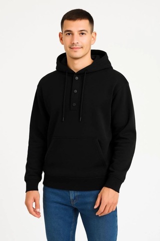 Mbb E-ticaret Erkek Kapüşonlu Hoodie Cepli Çıtçıtlı 3 İplik Pamuklu Sweatshirt - Siyah