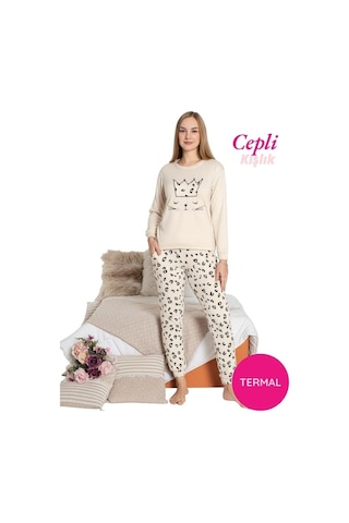 Kadın Bisiklet Yaka Düğmesiz Kışlık Termal Bilek Manşetli Jogger Uzun Kol Cepli Pijama Takımı Bej