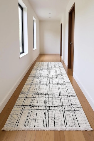 Krem Renk Siyah Çizgi Detaylı Modern Halı Dekoratif Kilim Krem