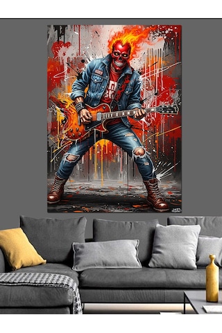 Elektrogitar Çalan Kırmızı Maskeli Rock Müzisyeni Dekoratif Kanvas - Mdf Ahşap Tablo