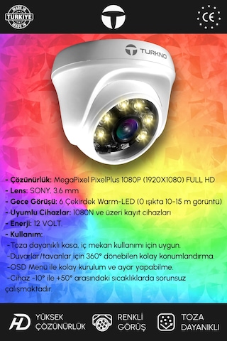 Turkno 2 Kameralı Domie 2 İç Kamera Set HDD'siz Full HD Renkli Gece Görüşlü Güvenlik Kamerası Sistemi