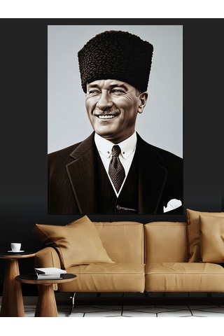 Atatürk Gülümseyen Siyah Beyaz Dekoratif Kanvas - Mdf Ahşap Tablo