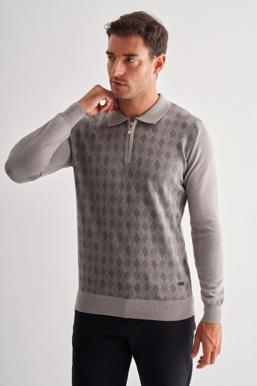 Açık Gri Fermuarlı Polo Yaka Uzun Kol Cepsiz Comfort Fit Pamuklu Triko Kazak 1012255223 Açık Gri